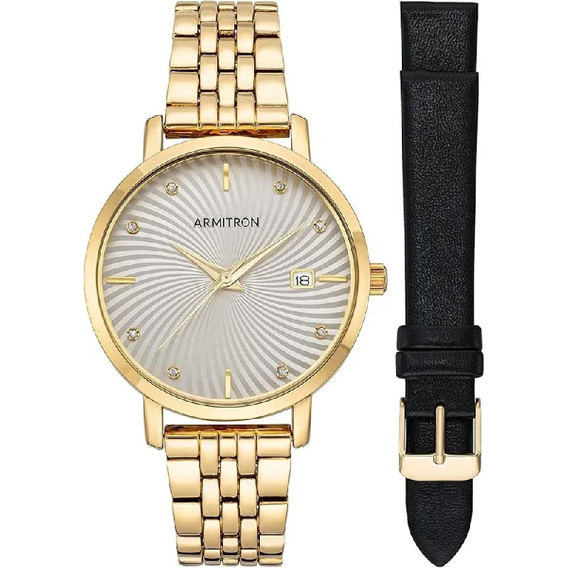 Armitron Women's Genuine Crystal Accented Date Function Bracelet Watch with Interchangeable Leather Strap, 75/5835