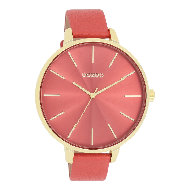 Gold coloured OOZOO watch with red leather strap - C11255