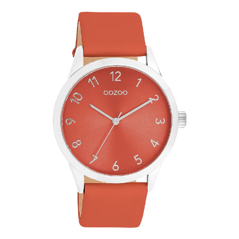 Silver coloured OOZOO watch with red leather strap - C11326