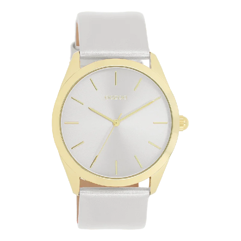 Gold coloured OOZOO watch with silver coloured leather strap - C11330