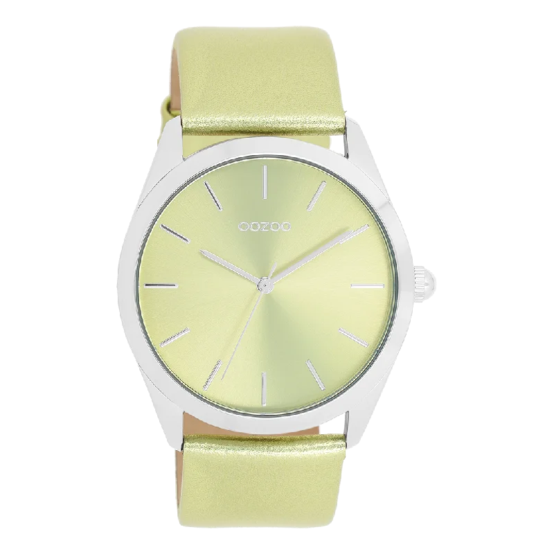 Silver coloured OOZOO watch with lime green leather strap - C11331