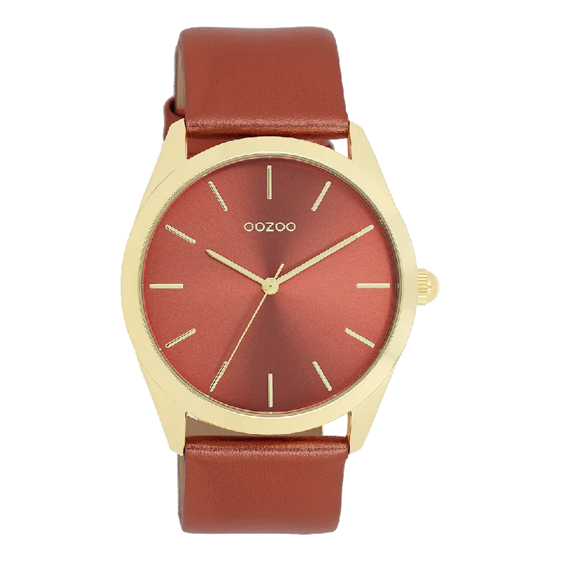 Gold coloured OOZOO watch with red leather strap - C11335