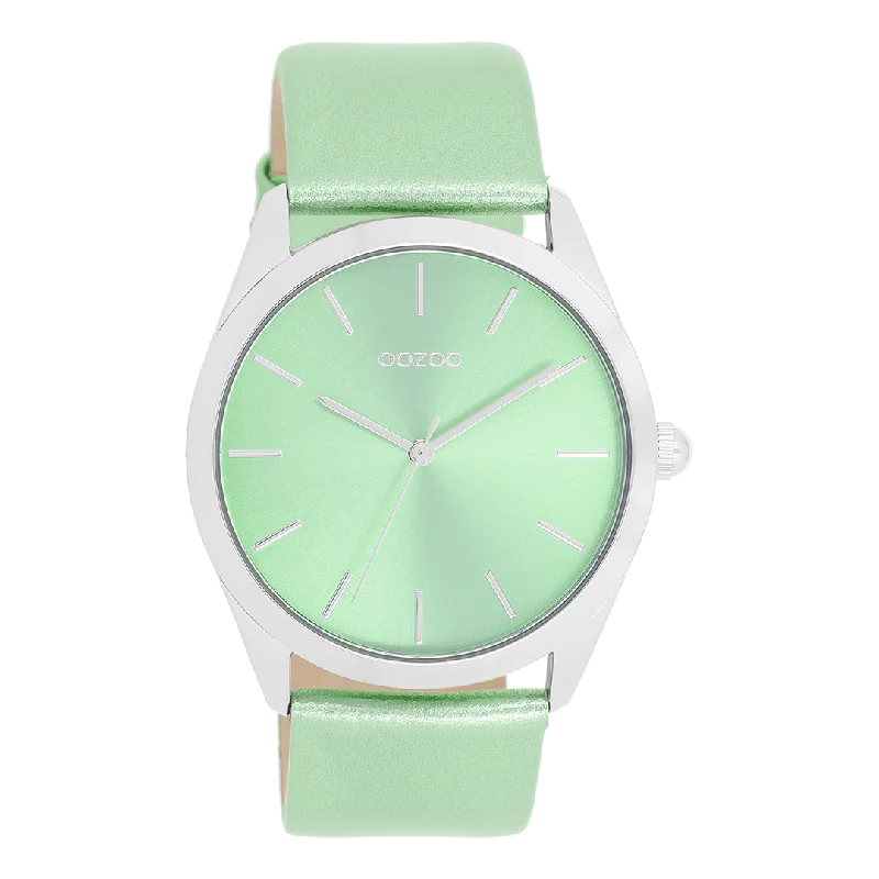 Silver coloured OOZOO watch with mint green leather strap - C11336