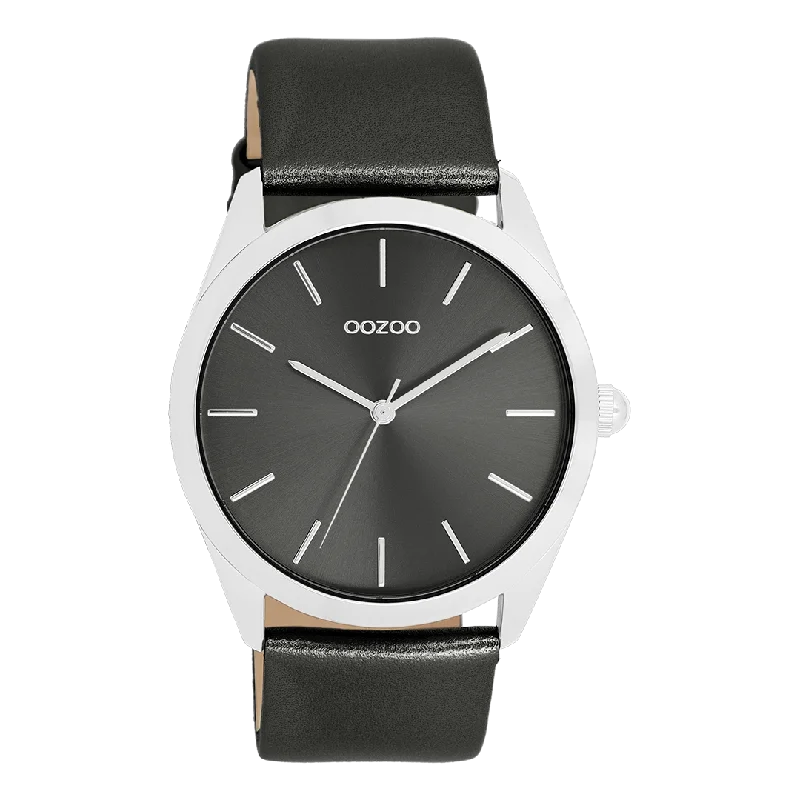 Silver coloured OOZOO watch with dark grey leather strap - C11338