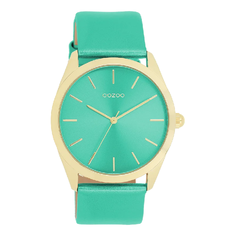 Gold coloured OOZOO watch with aqua green leather strap - C11339