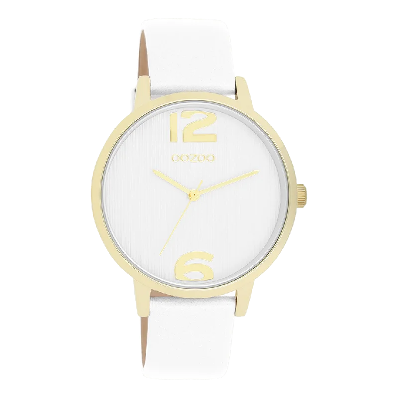 Gold coloured OOZOO watch with white leather strap - C11340