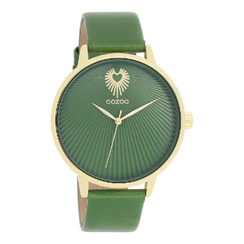 Gold coloured OOZOO watch with green leather strap - C11344