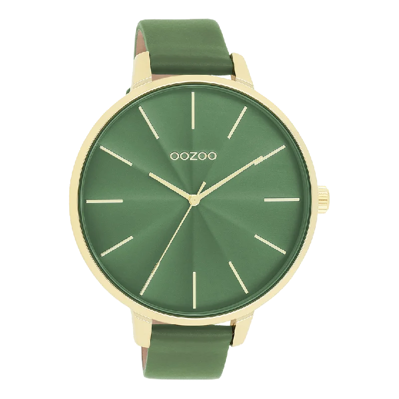 Gold coloured OOZOO watch with green leather strap - C11349