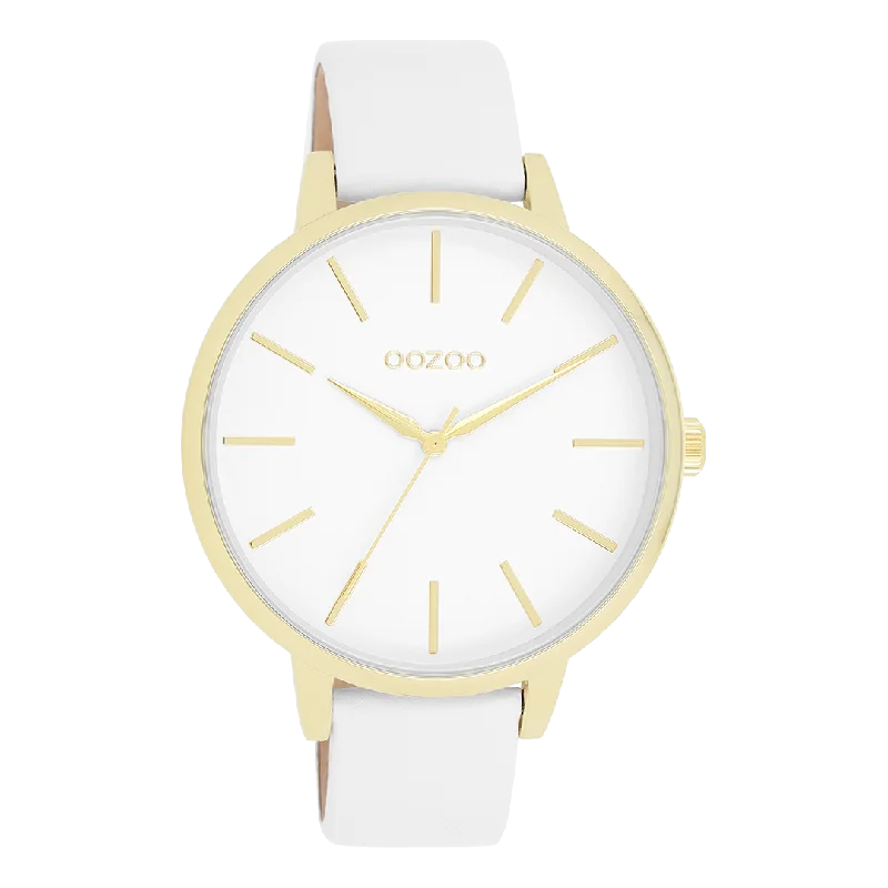 Gold coloured OOZOO watch with white leather strap - C11359