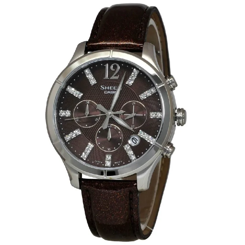 Casio Women's SHE5020L-5A Sheen Chronograph, Crystal Brown Leather Watch