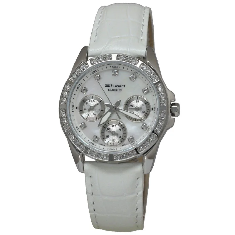 Casio Women's SHN3013L-7A Sheen Crystal White Leather Watch