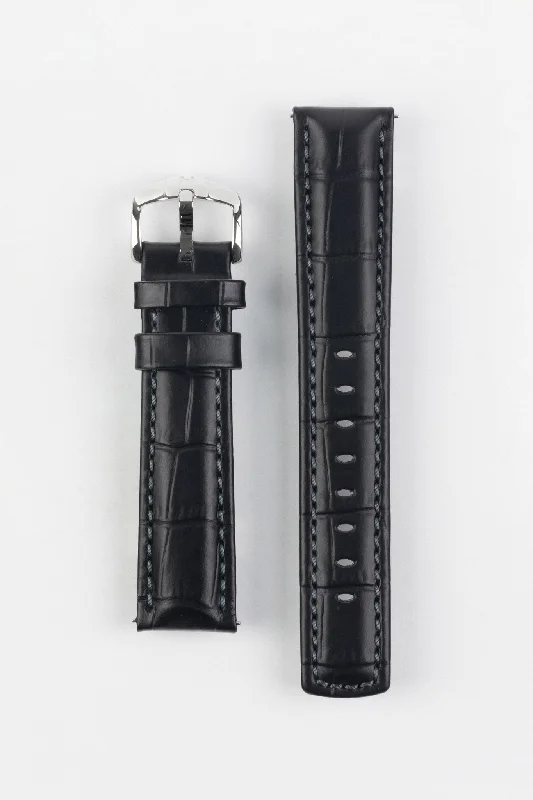 Hirsch GRAND DUKE Water-Resistant Alligator Embossed Sport Watch Strap in BLACK/BLACK