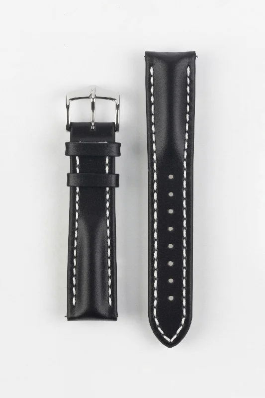 Hirsch HEAVY CALF Water-Resistant Calf Leather Watch Strap in BLACK/WHITE