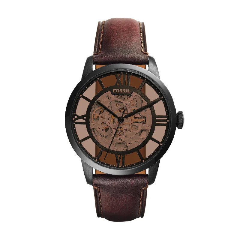 Fossil Townsmen Skeleton Dial Black Dial Dark Brown Strap