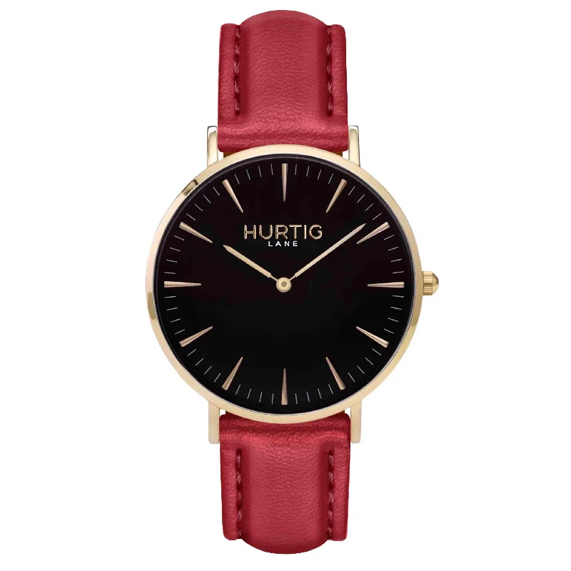 Mykonos Vegan Leather Watch Gold, Black & Cherry