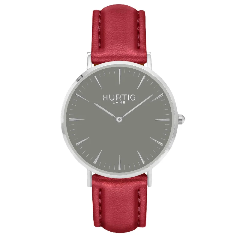 Mykonos Vegan Leather Watch Silver, Grey & Red