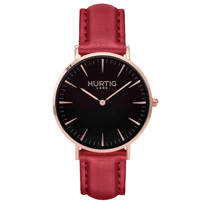 Mykonos Vegan Leather Watch Rose Gold, Black & Cherry Red