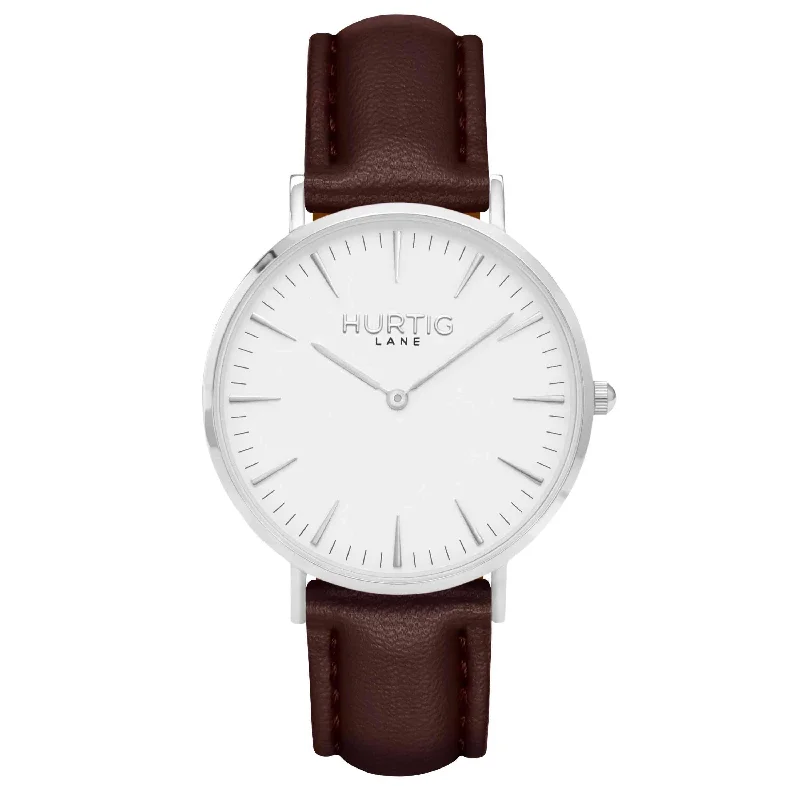 Mykonos Vegan Leather Watch Silver, White & Chestnut