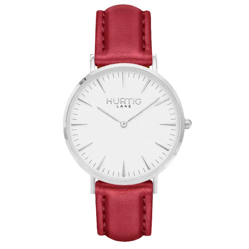 Mykonos Vegan Leather Watch Silver, White & Cherry Red