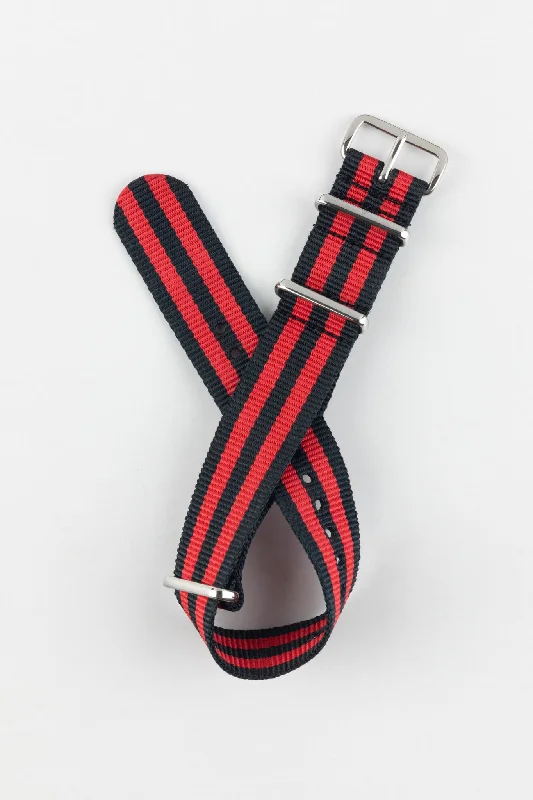 Nylon Watch Strap in BLACK / RED Stripes with Polished Buckle & Keepers