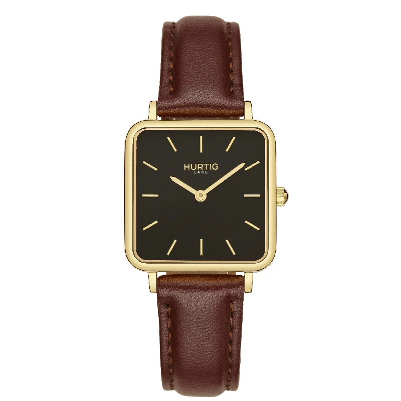 Neliö Square Vegan Leather Watch Gold, Black & Chestnut