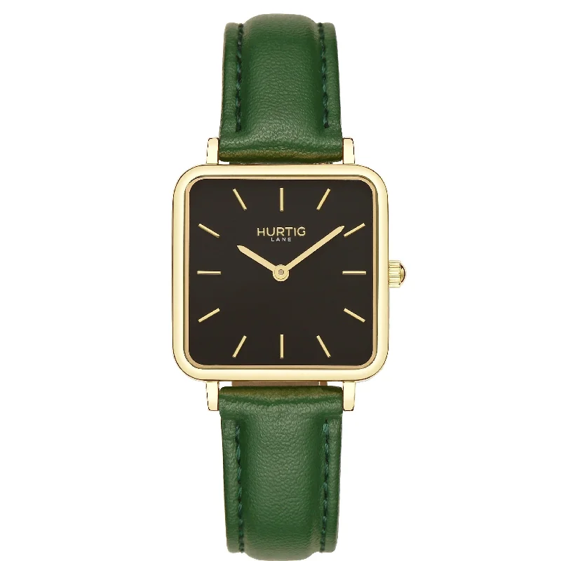 Neliö Square Vegan Leather Watch Gold,Black & Green