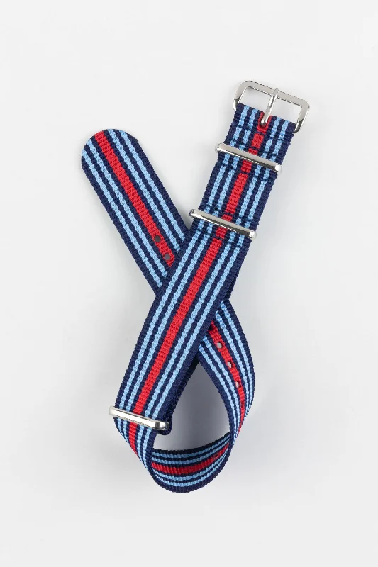 Nylon Watch Strap in BLUE / RED Motorsport Stripes with Polished Buckle & Keepers