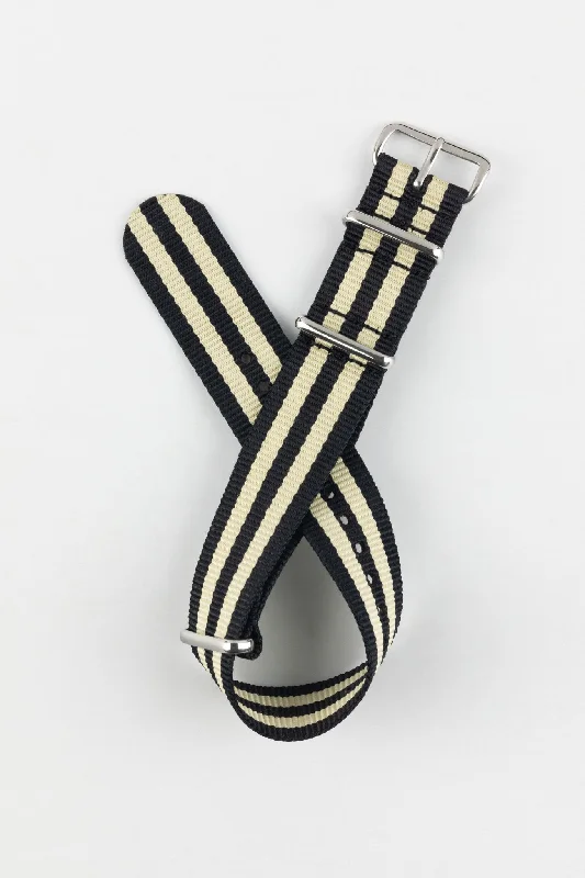 Nylon Watch Strap in BLACK with BEIGE Stripes