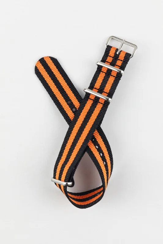 Nylon Watch Strap in BLACK with Double ORANGE Stripes