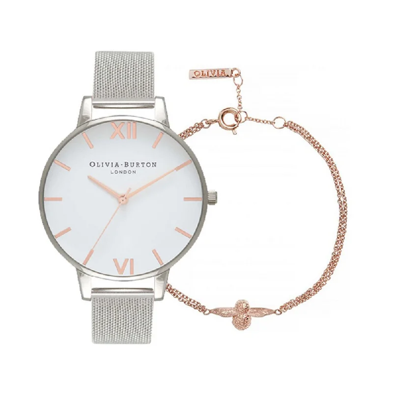 OLIVIA BURTON OB16GSET19 White Dial Rose Gold & Silver Women's Mesh Watch And 3D Bee Rose Gold Bracelet Gift Set