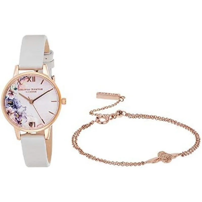 OLIVIA BURTON OB16GSET21 Watercolour Florals Midi Dial Women's Watch And 3D Bee Rose Gold Bracelet Gift Set