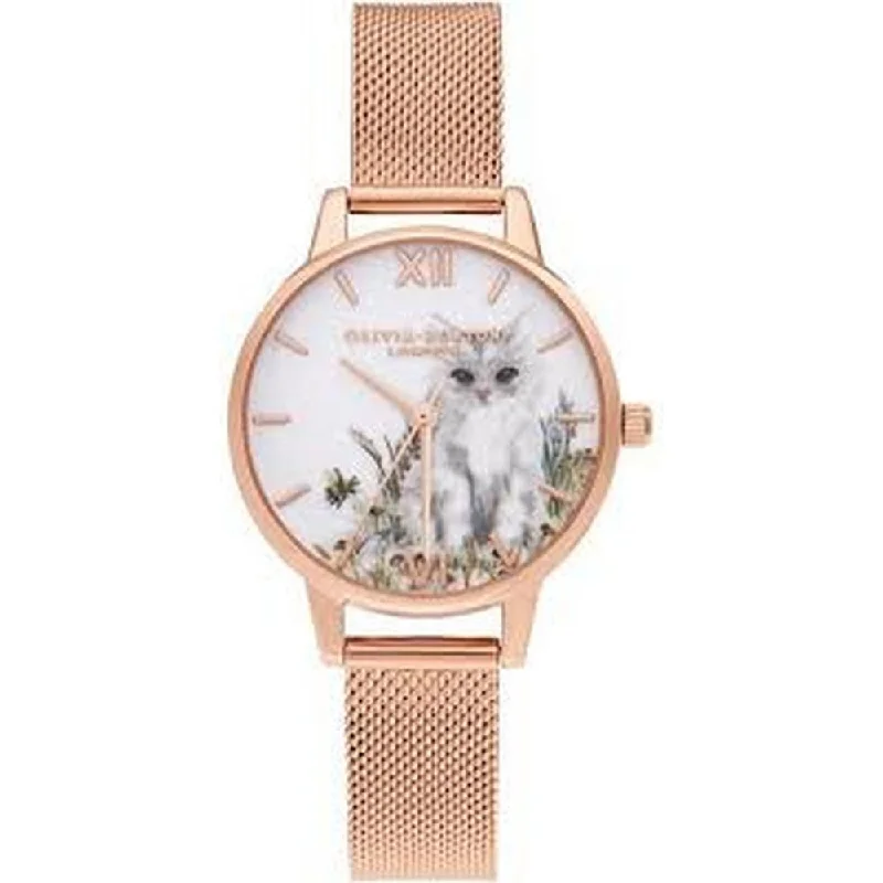 OLIVIA BURTON OB16WL76 Illustrated Cat Midi Rose Gold Women's Mesh Watch