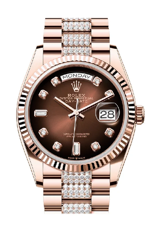 Rolex Day-Date 36 Brown Ombre Diamond Dial Fluted Bezel 18K Everose gold Diamond  President Watch 128235