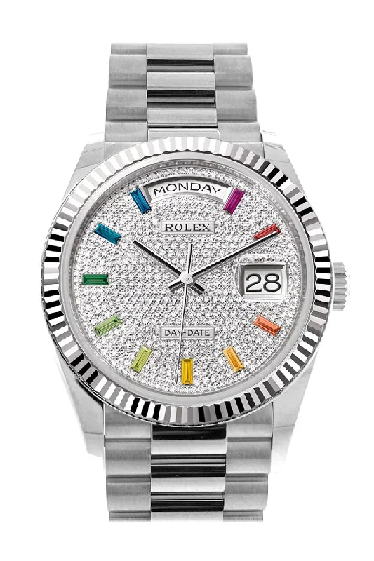 Rolex Day-Date 36 Diamond Paved Dial Fluted Bezel White gold President Watch 128239