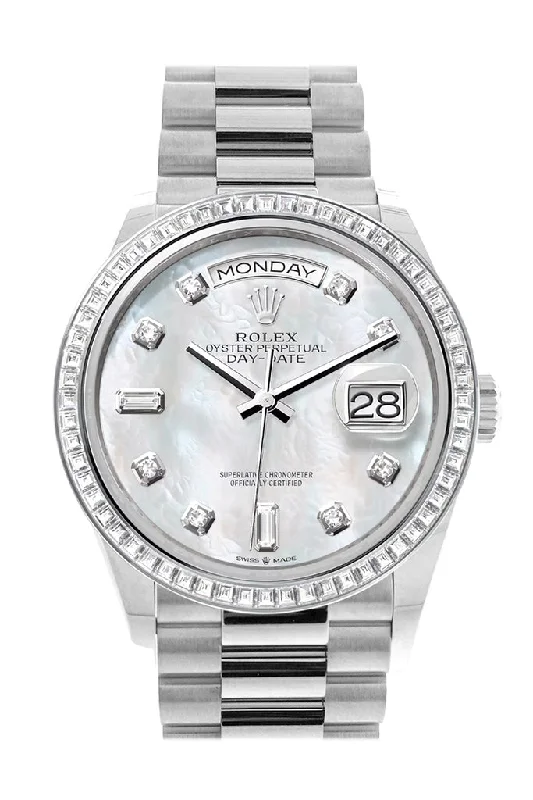 Rolex Day-Date 36 Mother of Pearl Dial Diamond Bezel Platinum President Watch 128396TBR