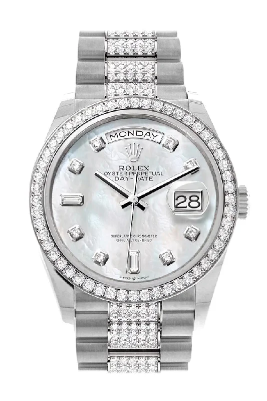 Rolex Day-Date 36 Mother of Pearl Diamond Dial Diamond Bezel White Gold Diamond President Watch 128349RBR