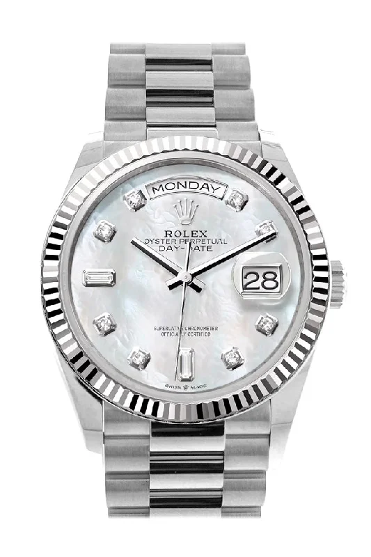 Rolex Day-Date 36 Mother of Pearl Diamond Dial Fluted Bezel White gold President Watch 128239