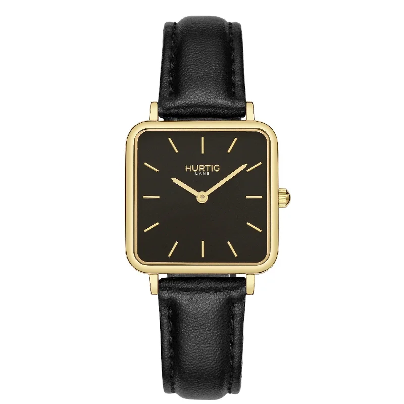 Neliö Square Vegan Leather Watch Gold, Black & Black