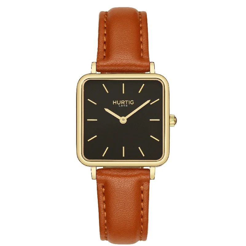 Neliö Square Vegan Leather Watch Gold, Black & Tan