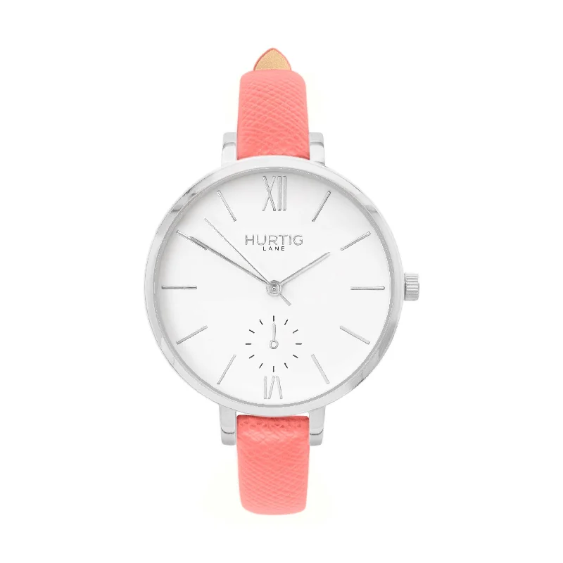 Amalfi Petite Vegan Leather Watch Silver, White & Coral