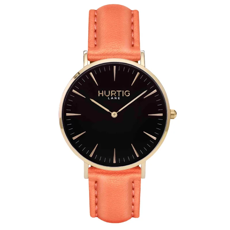 Mykonos Vegan Leather Watch Gold, Black & Coral