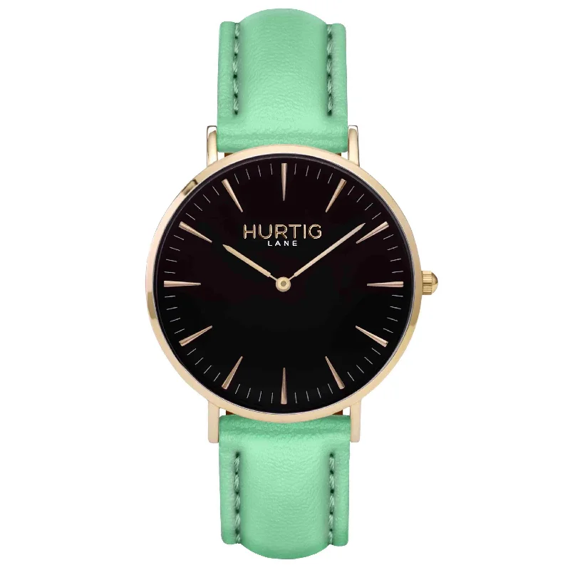 Mykonos Vegan Leather Watch Gold, Black & Mint